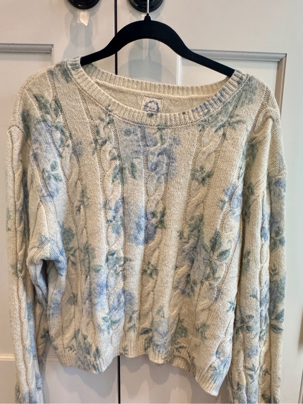 Blue Rain Cream Cable Knit Sweater with Blue-Green Floral Print